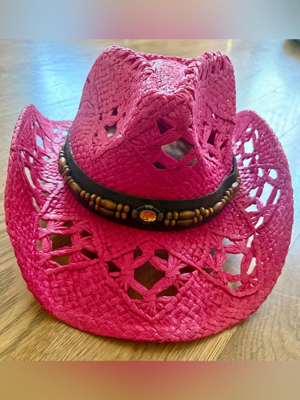 Women's Barbie Pink Straw Cowboy Hat with Beaded Band Adjustable Fit